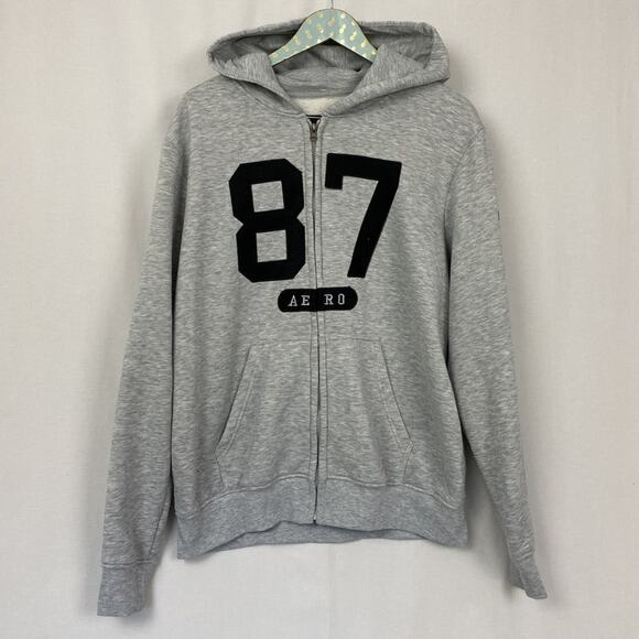 Aeropostale Hoodie Men Large Gray Full Zip 87 Logo Spellout Sweatshirt Retro Y2K - Picture 1 of 16